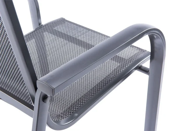 Detail of the armrest and seat of an Alegria stackable armchair