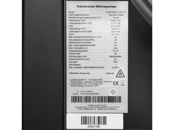 Табелка с технически данни на термопомпа InverPOWER ULTRA 12 kW