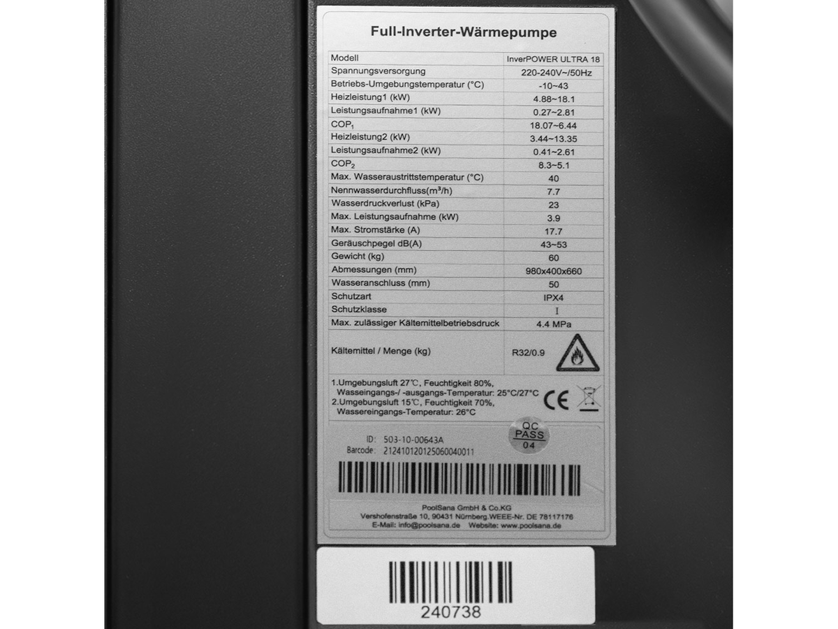 Табелка с технически данни на термопомпа InverPOWER ULTRA 18 kW
