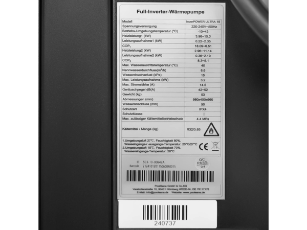Табелка с технически данни на термопомпа InverPOWER ULTRA 15 kW