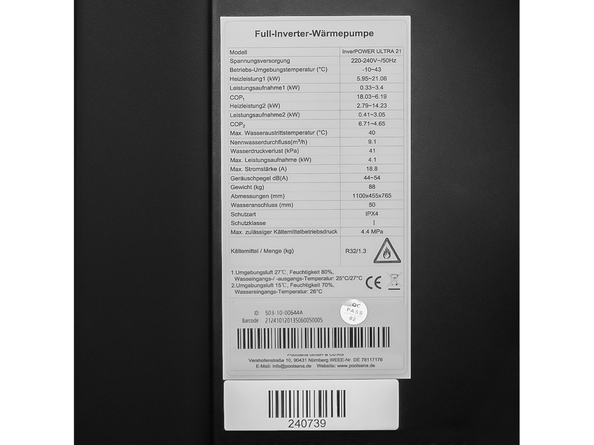Табелка с технически данни на термопомпа InverPOWER ULTRA 21 kW
