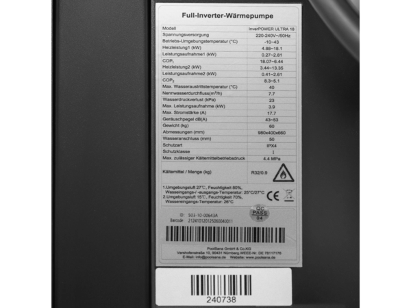 Табелка с технически данни на термопомпа InverPOWER ULTRA 18 kW