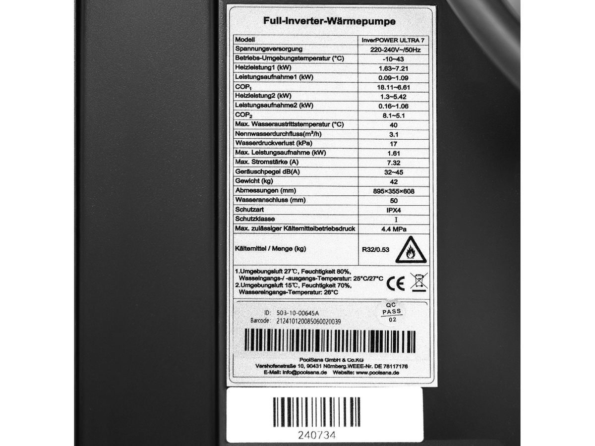 Табелка с технически данни на термопомпа InverPOWER ULTRA 7 kW