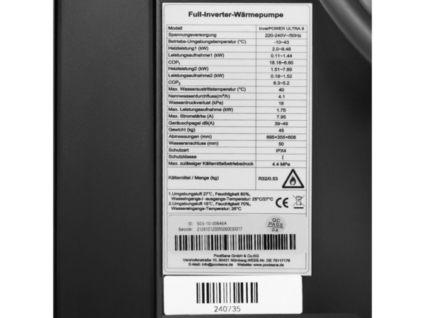 Табелка с технически данни на термопомпа InverPOWER ULTRA 9 kW