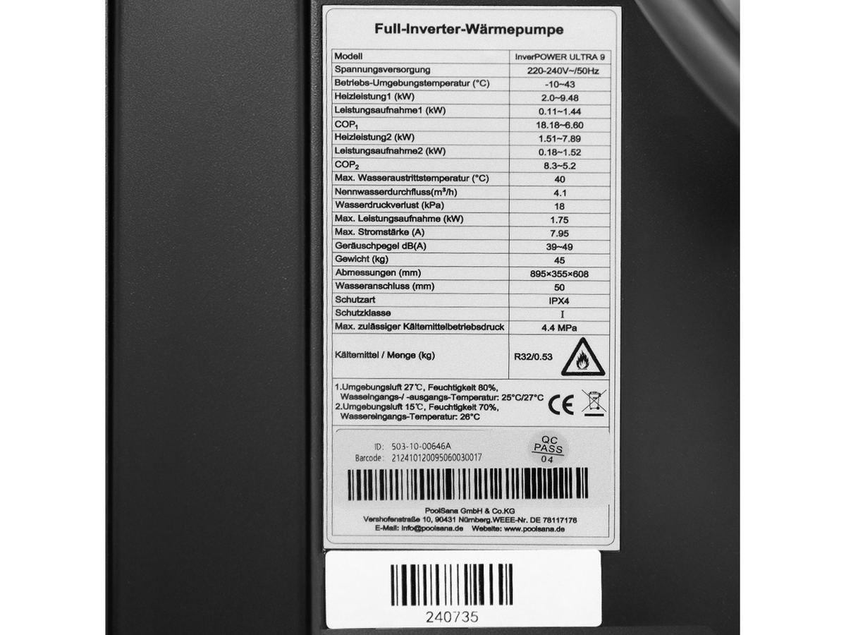 Табелка с технически данни на термопомпа InverPOWER ULTRA 9 kW