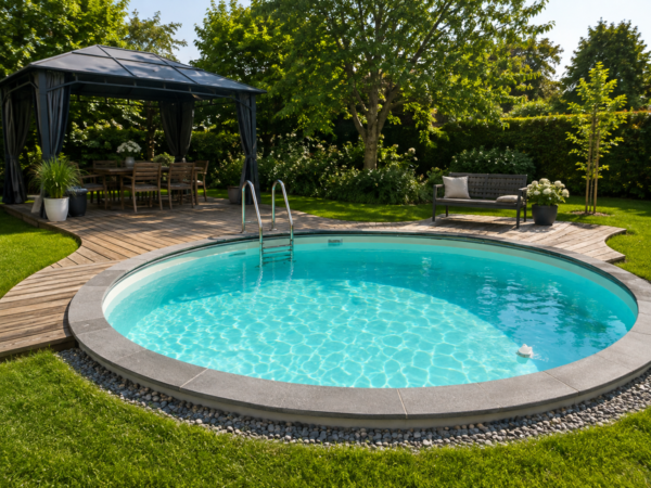 Eingelassener runder Pool MTH Atlantic Round mit grauen Leisten, Holzterrasse und Pergola