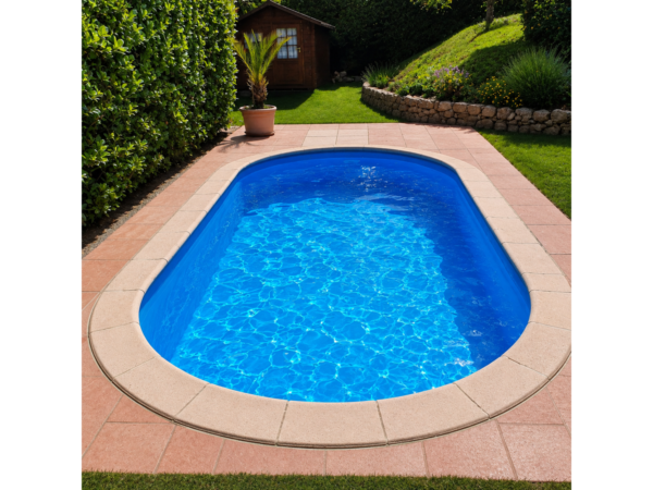 Piscină ovală îngropată MTH Atlantic cu profile albastre și liner albastru într-o pardoseală de culoarea teracotei