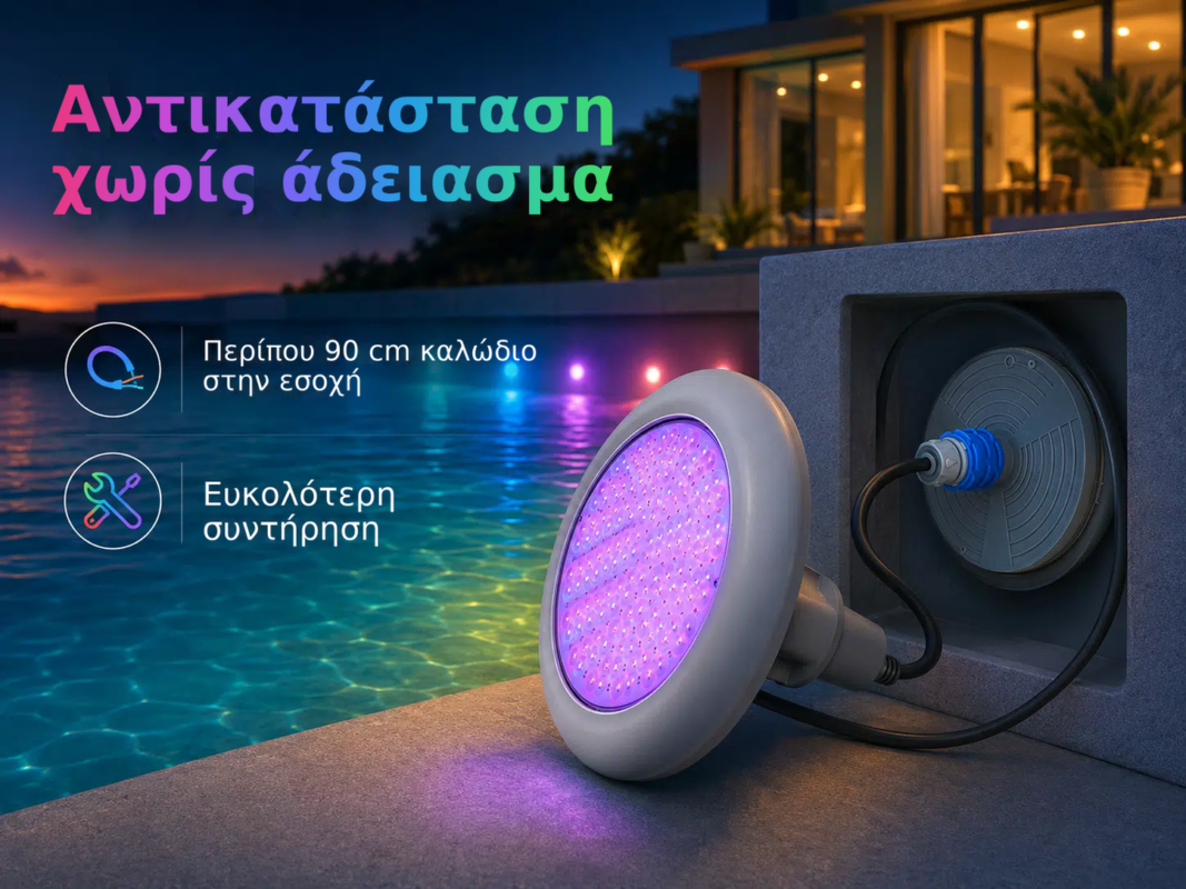 Υποβρύχιος φωτισμός LED RGB POOLSANA VARIO 25W με 7 χρώματα και γκρι πλαίσιο – Αντικατάσταση, χωρίς άδειασμα