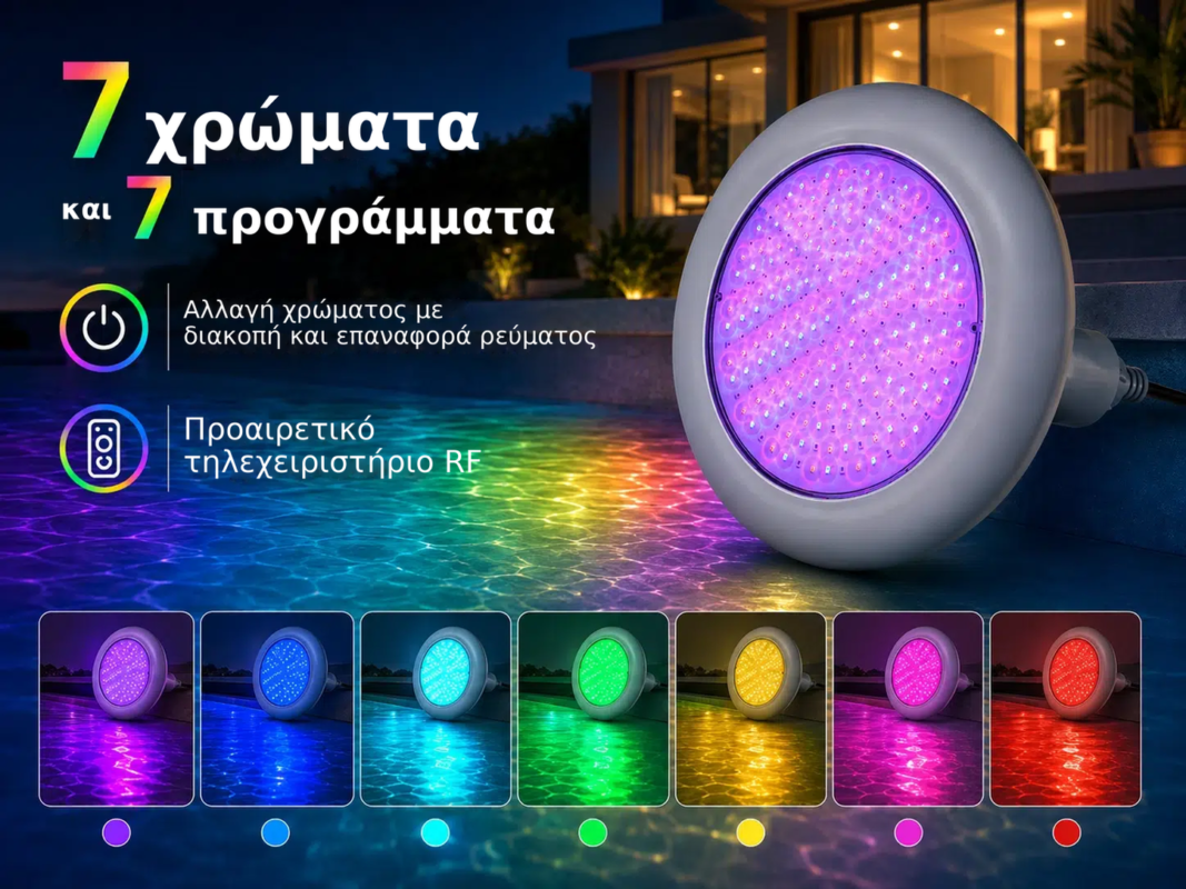 Υποβρύχιος φωτισμός LED RGB POOLSANA VARIO 25W με 7 χρώματα και γκρι πλαίσιο – 7 χρώματα, και 7 προγράμματα
