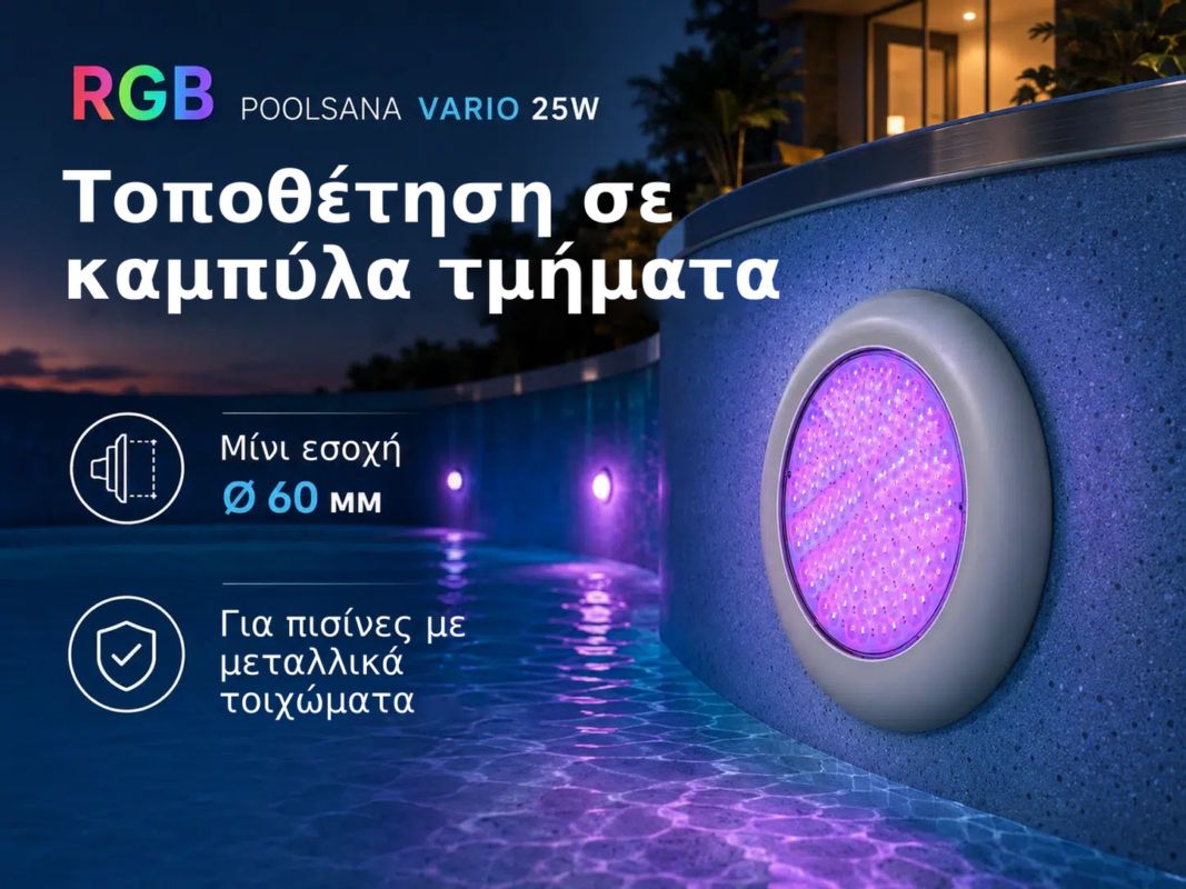 Υποβρύχιος φωτισμός LED RGB POOLSANA VARIO 25W με 7 χρώματα και γκρι πλαίσιο – RGB POOLSANA VARIO 25W, Τοποθέτηση σε