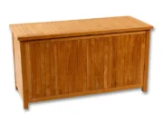 Closed Gentle teak cushion box, front view on a white background